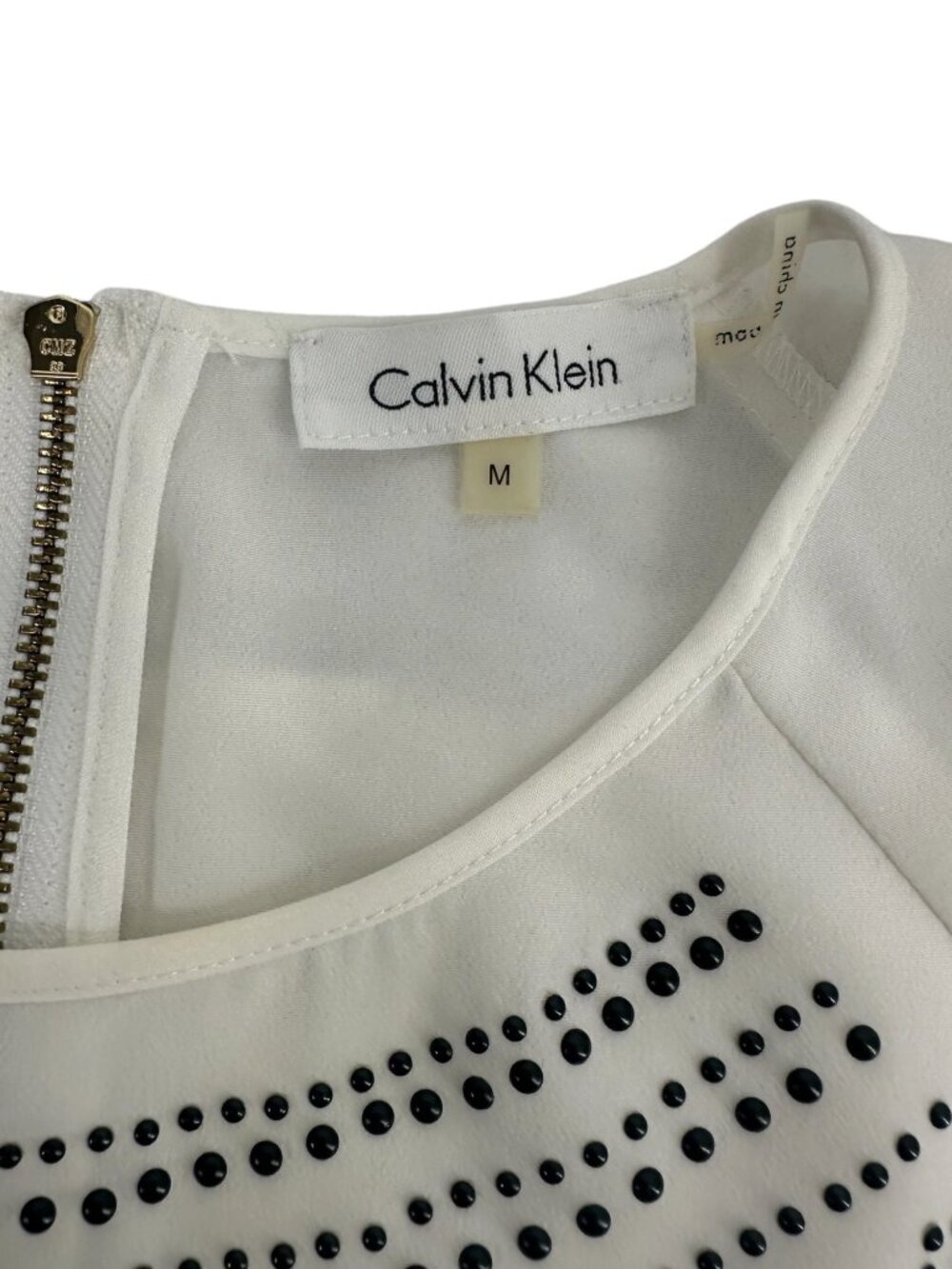 Calvin Klein Women’s Studded Shell Top Medium Ivory Geometric Zip Back Blouse - Picture 5 of 6